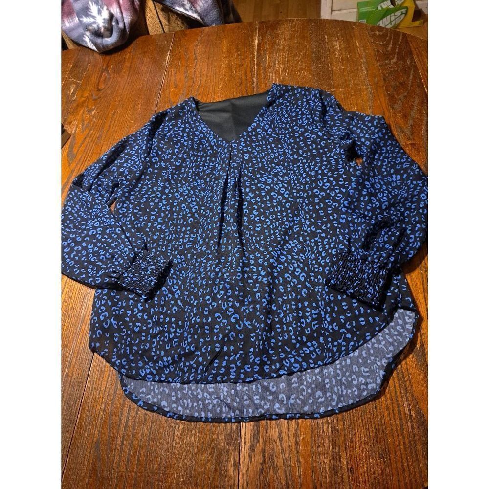 Medium Long Sleeve Shirred Wrist VNeck Black Blue Blouse Shirt Sheer Sleeves